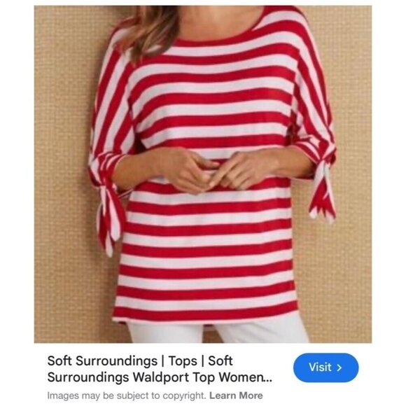 Soft Surroundings Size M Red White Stripe Blouse Tie Accent Sleeve Viscose 2AG33 - Picture 2 of 11